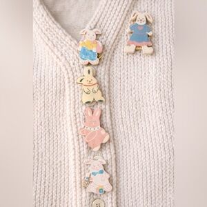 Vintage Bunny Button Covers Hand Painted Wood Set Easter Rabbit + Pin